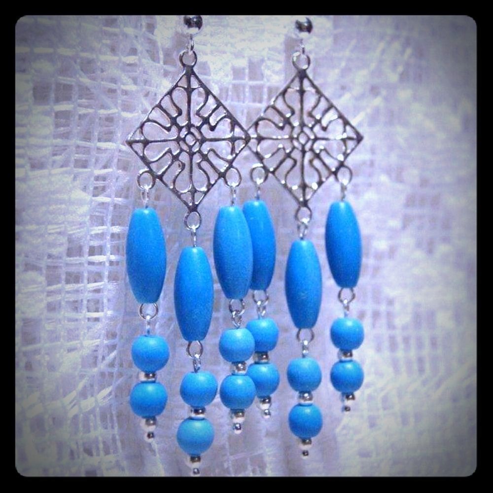 Handmade Blue Chalk Turquoise Sterling Silver Chandelier Dangle Post Earrings